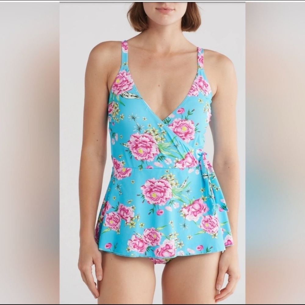 Betsey Johnson Turquoise Floral Wrap One-Piece Swimdress with Pink Roses